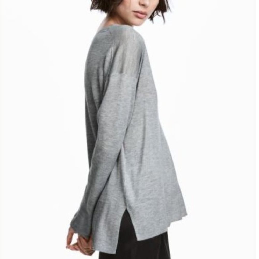 H&M Womens Long Sleeve Fine-Knit V-neck Sweater Grey Marl Large